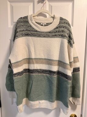 Reitmans Cream and Sage Striped Crewneck Sweater